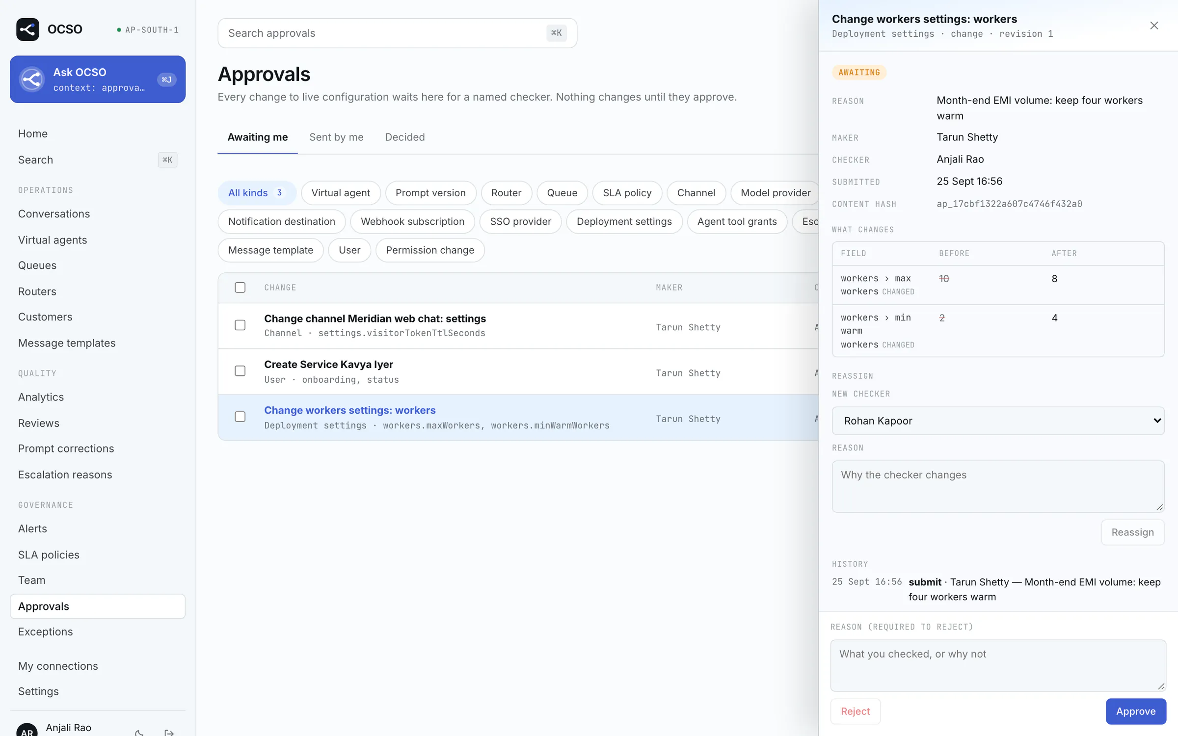 The approvals page with three proposals from Tarun Shetty awaiting Anjali Rao. One is open beside the list: a worker settings change with its reason, content hash, a before and after diff, and Approve and Reject buttons.